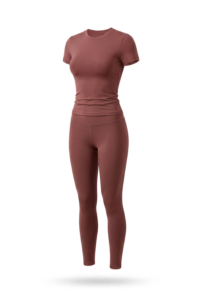 Kovelle round neck legging set in rose brown, flat product view