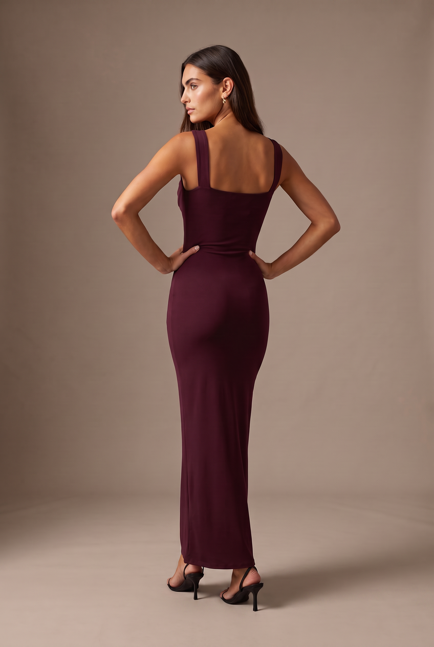 Kovelle burgundy square neck bodycon maxi dress in burgundy, back view on model