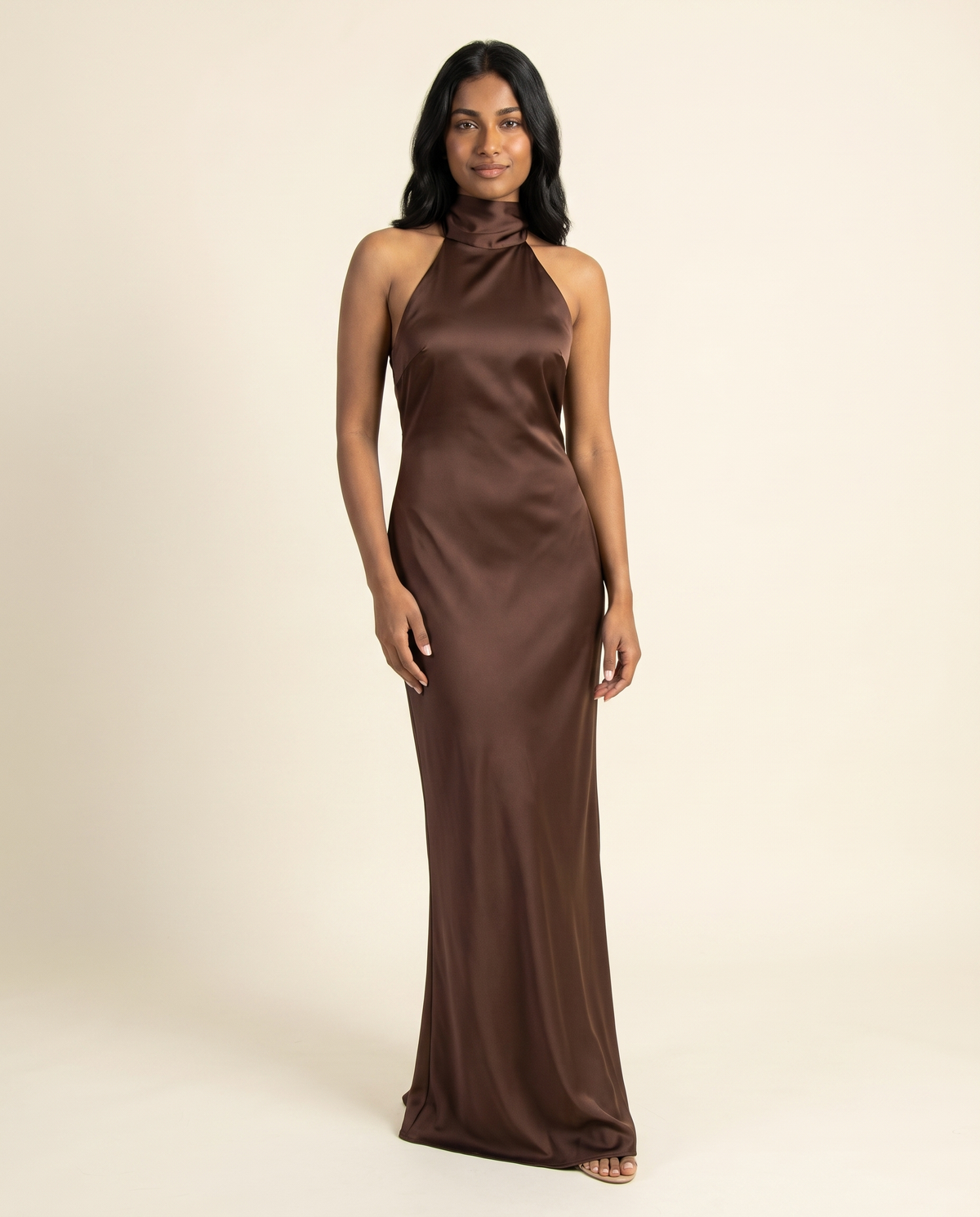 Kovelle chocolate satin halter maxi, front studio view on model