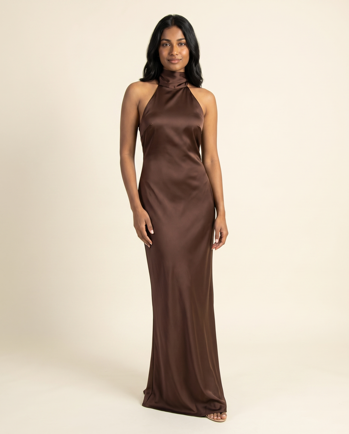Kovelle chocolate satin halter maxi, front studio view on model