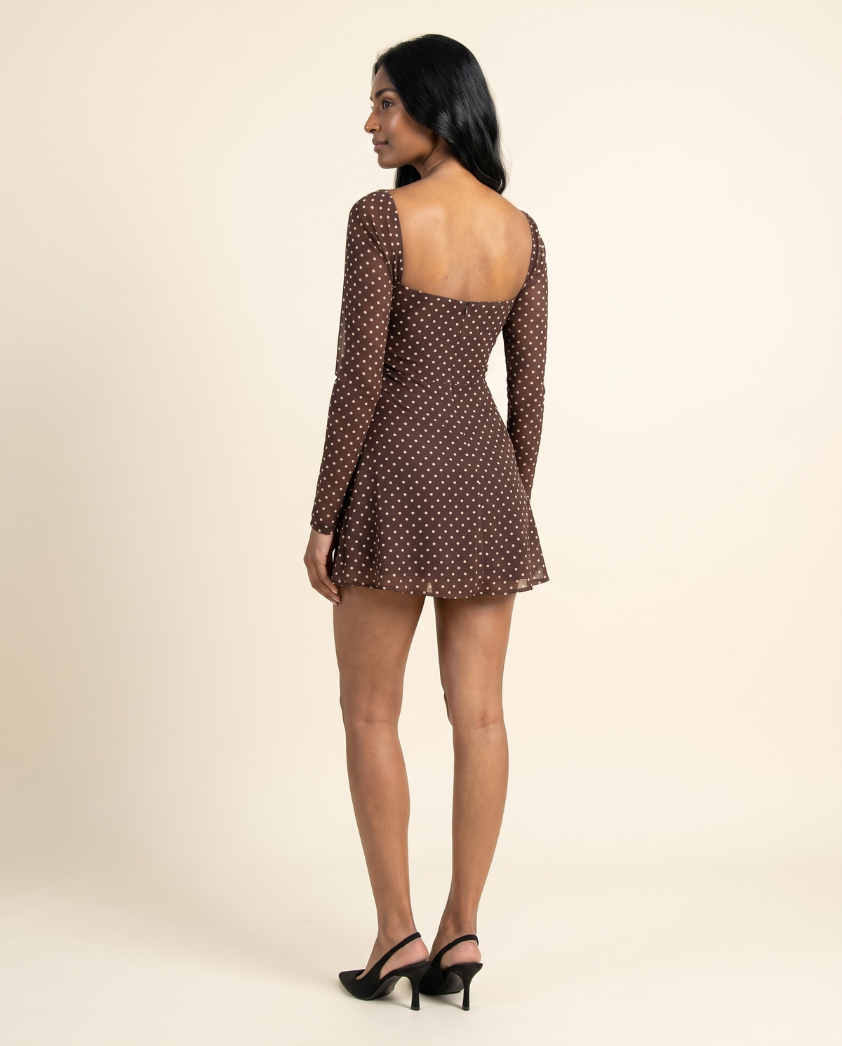 Brown Polka Dot Long Sleeve Mini Dress