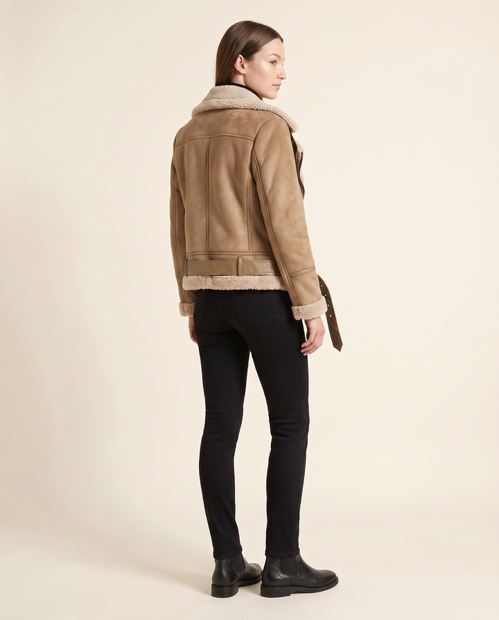 Kovelle tan faux suede jacket back view, on model
