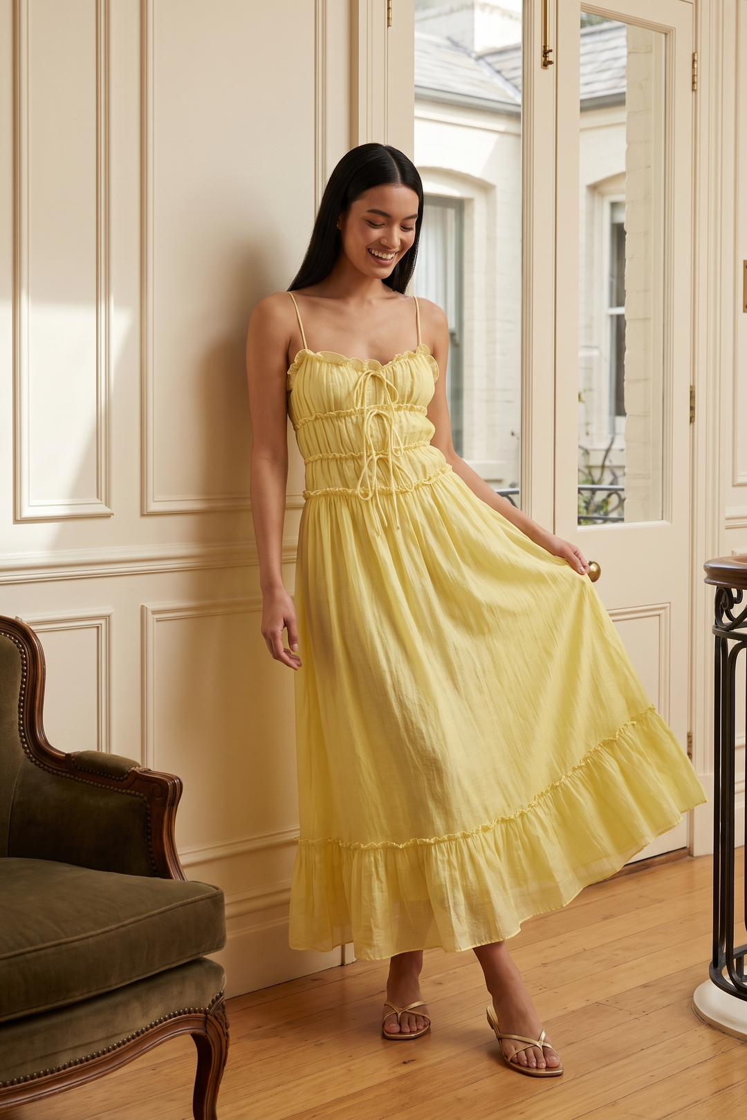 Yellow tiered frill maxi dress