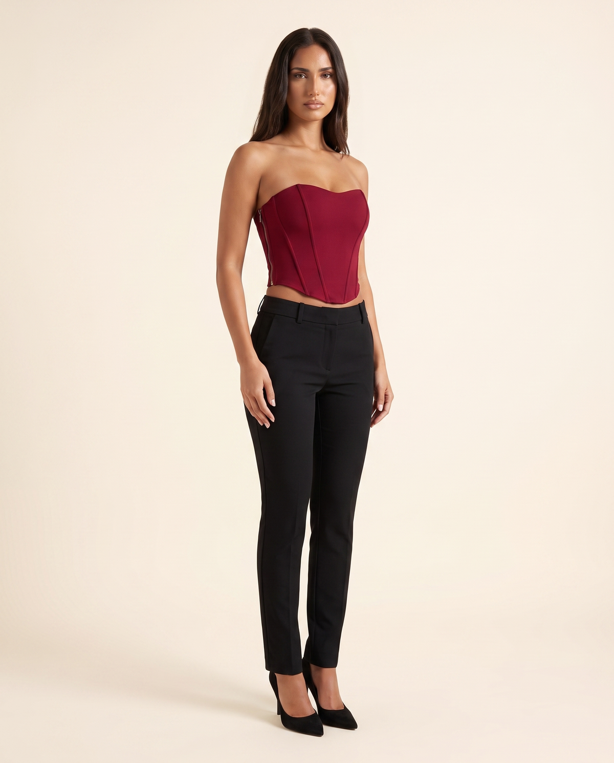 Kovelle wine corset top three quarter view showing boning, on model