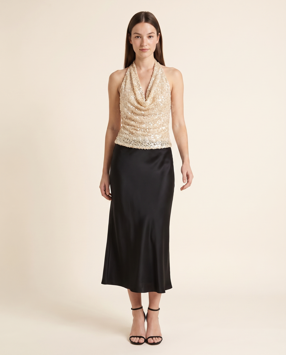 Kovelle champagne sequin cowl top, front studio view on model