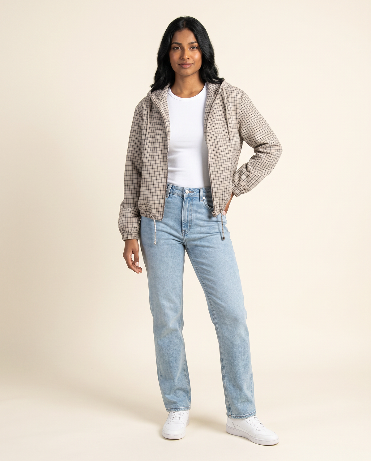 Kovelle check windbreaker jacket three quarter view, on model