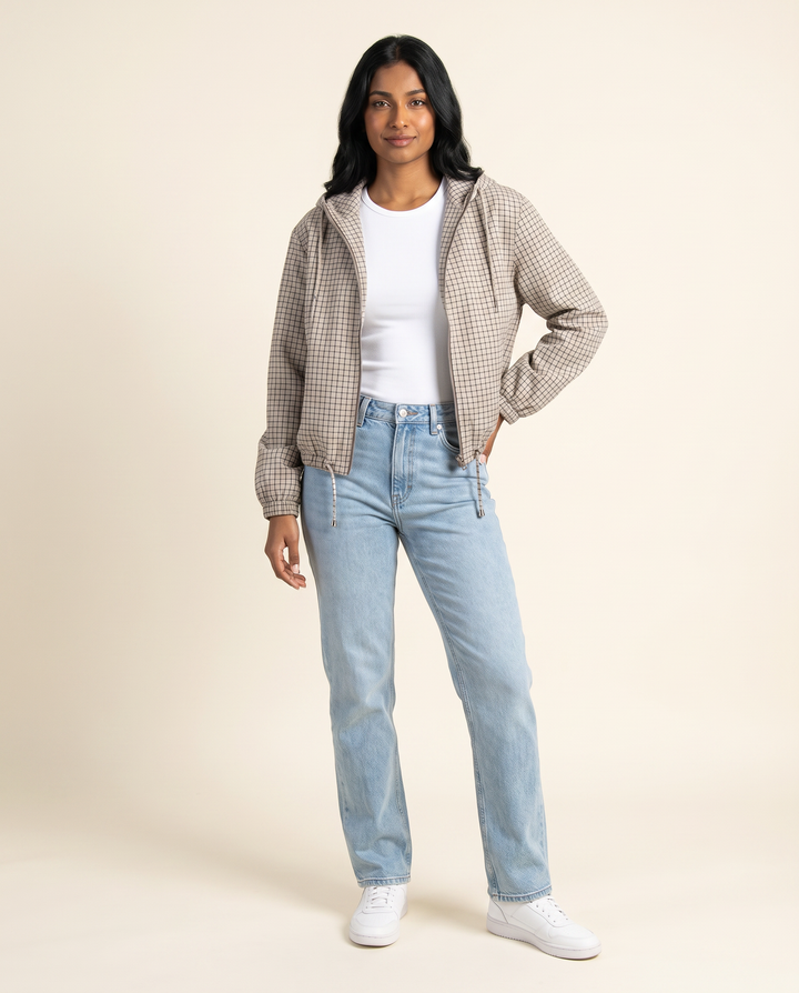 Kovelle check windbreaker jacket three quarter view, on model