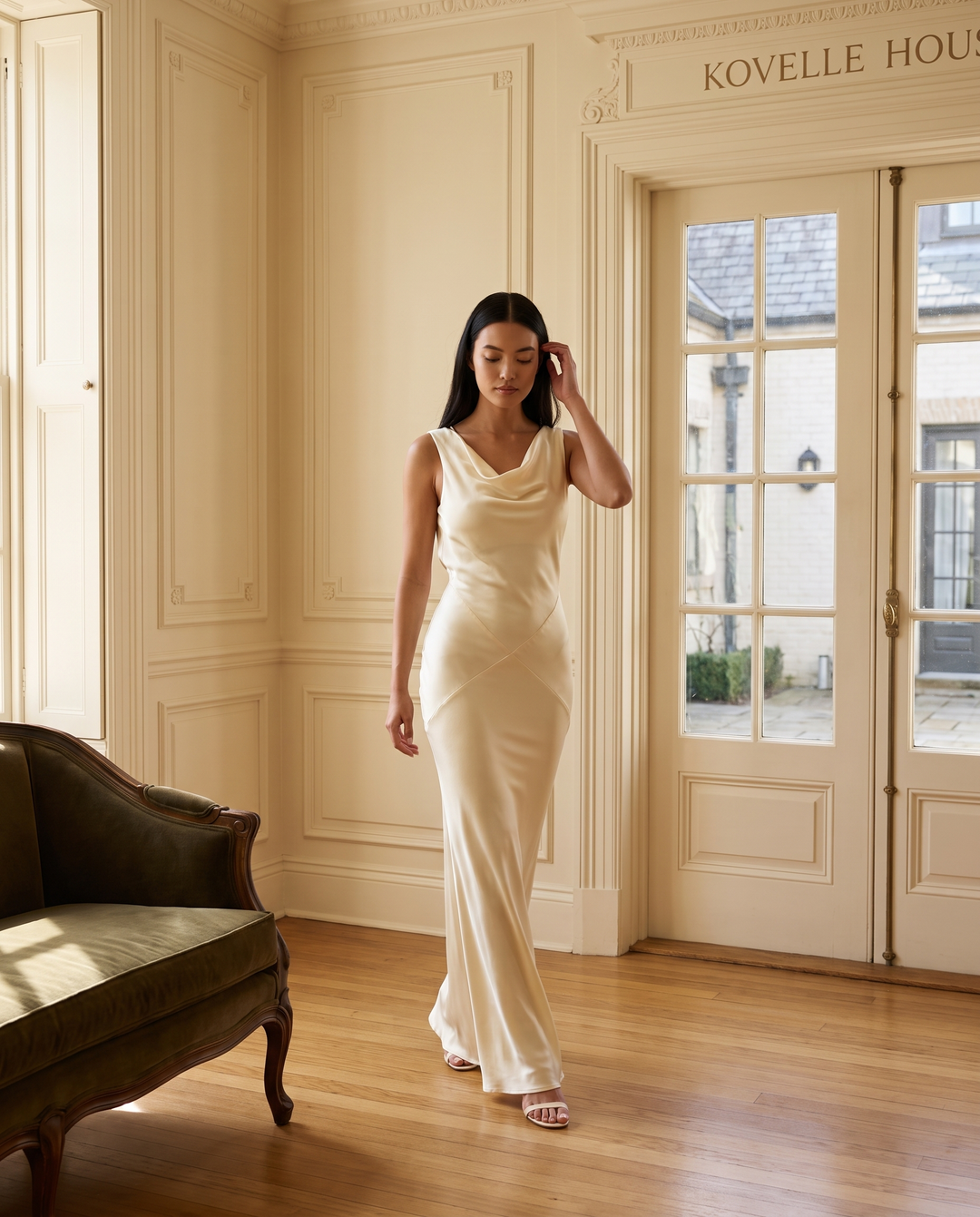 Kovelle ivory cowl draped satin maxi dress, on model walking through the Kovelle House salon