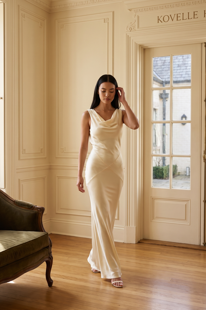 Ivory cowl draped satin maxi dress