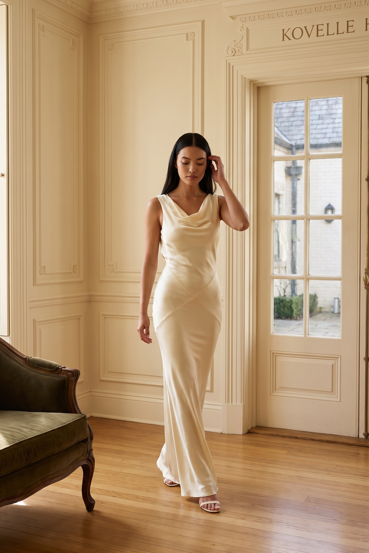 Ivory cowl draped satin maxi dress