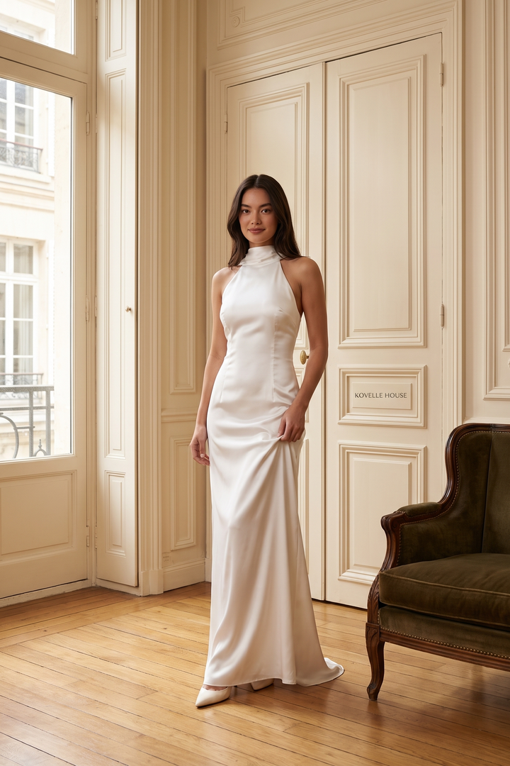 White satin halter maxi gown