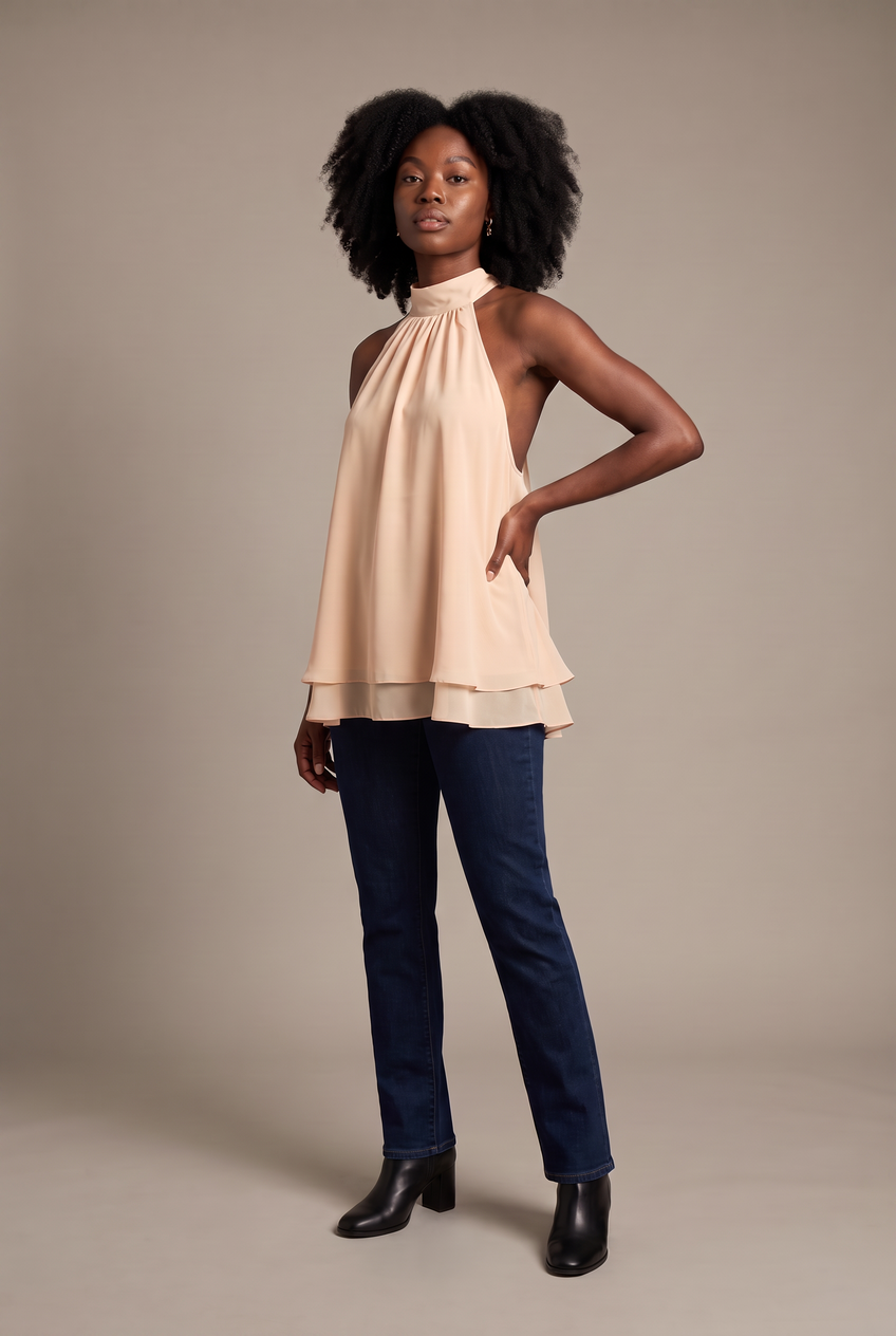 Kovelle halter ruffle hem blouse in apricot, front view on model