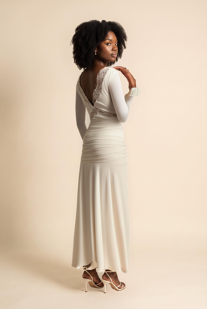 Ivory slinky lace maxi dress, back view