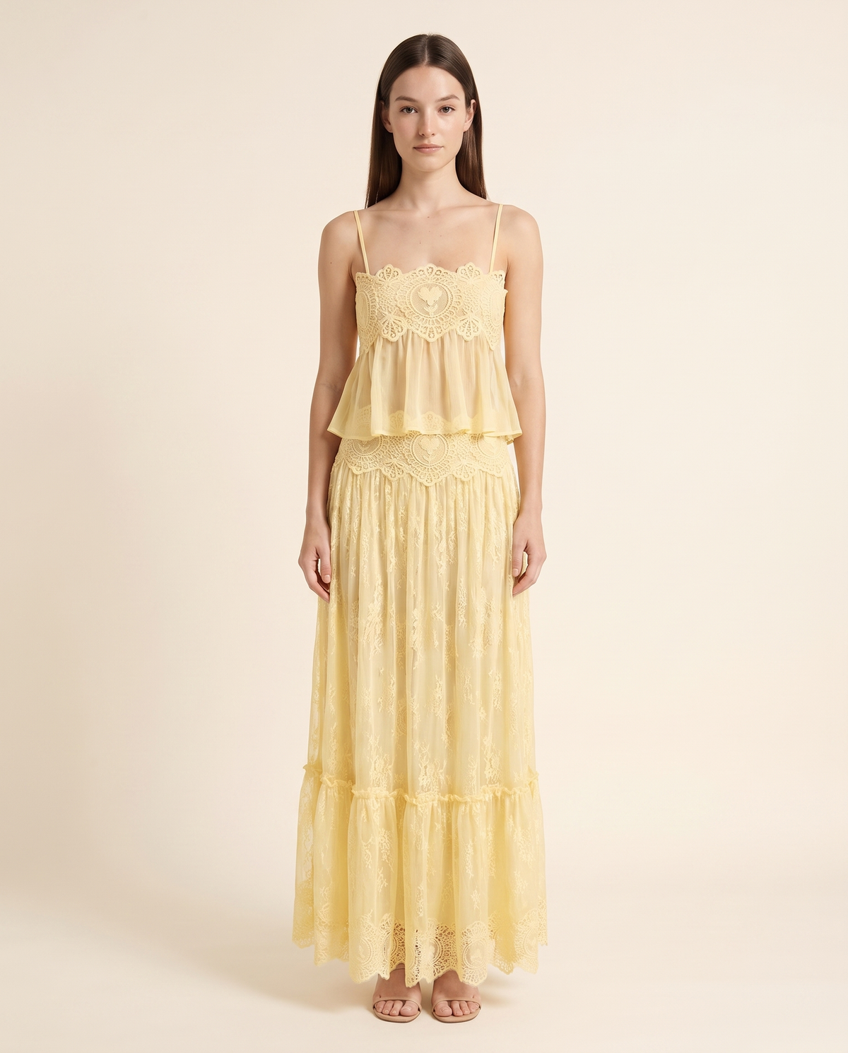 Kovelle yellow lace two piece set, front studio view on model
