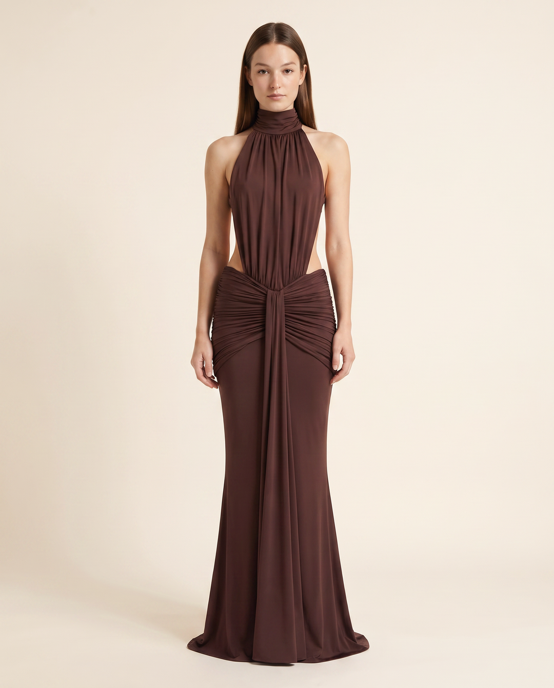 Kovelle chocolate halter maxi dress with waist cut outs, front studio view on model