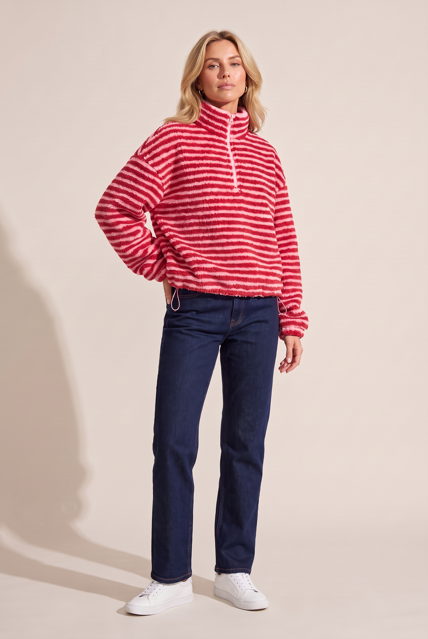Kovelle striped sherpa half zip in red stripe, front view on model