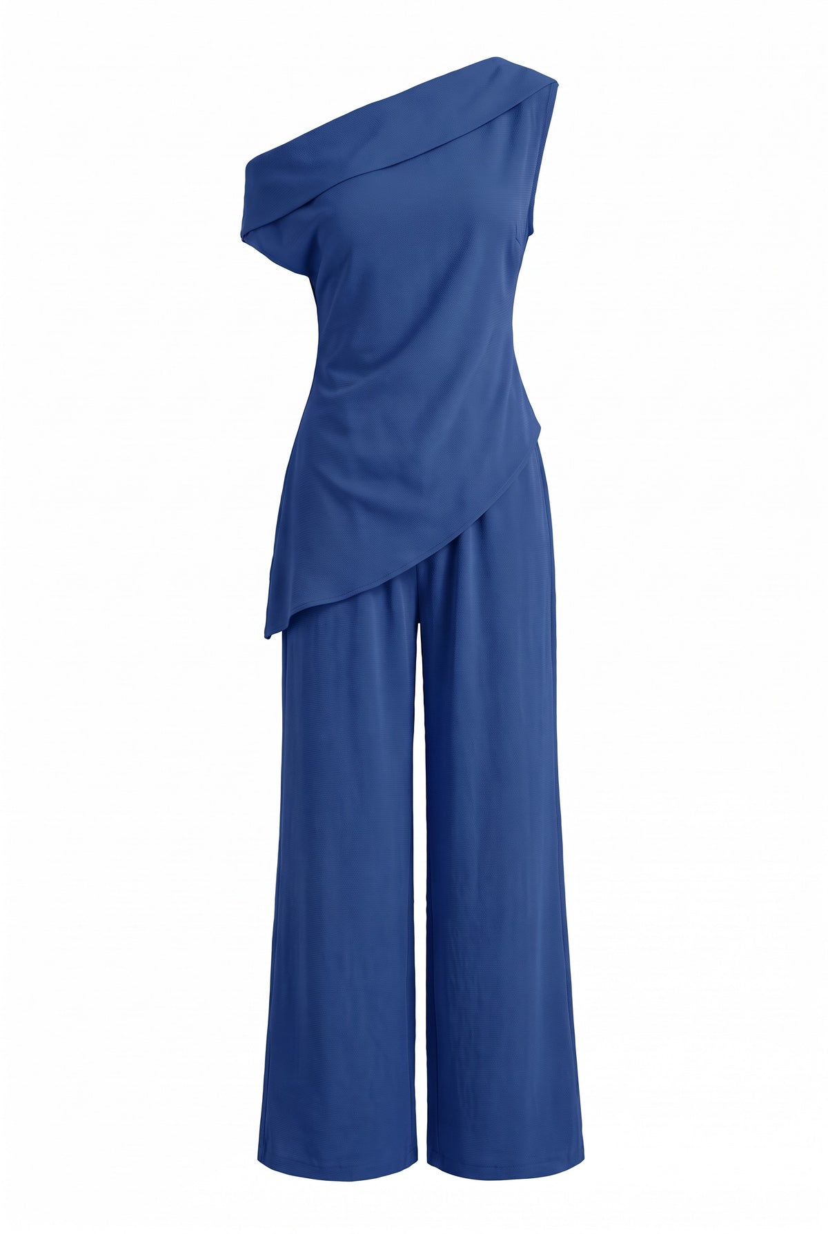 Kovelle asymmetric draped trouser set in cobalt, flat product view showing the full garment