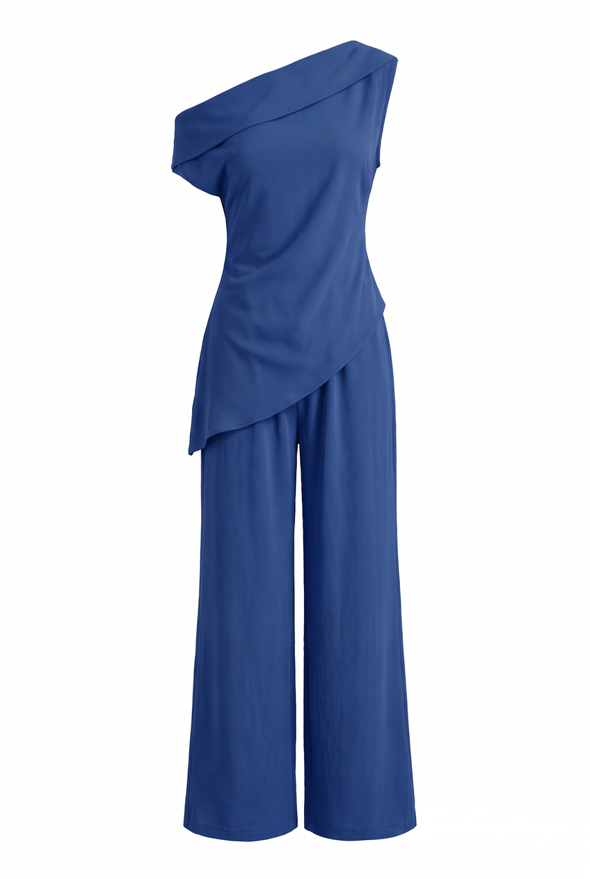 Kovelle asymmetric draped trouser set in cobalt, flat product view showing the full garment