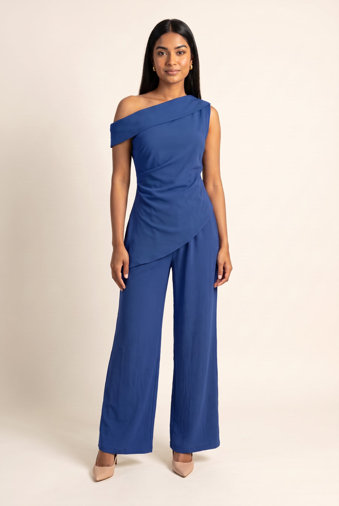 Kovelle asymmetric draped trouser set in cobalt, front view on model