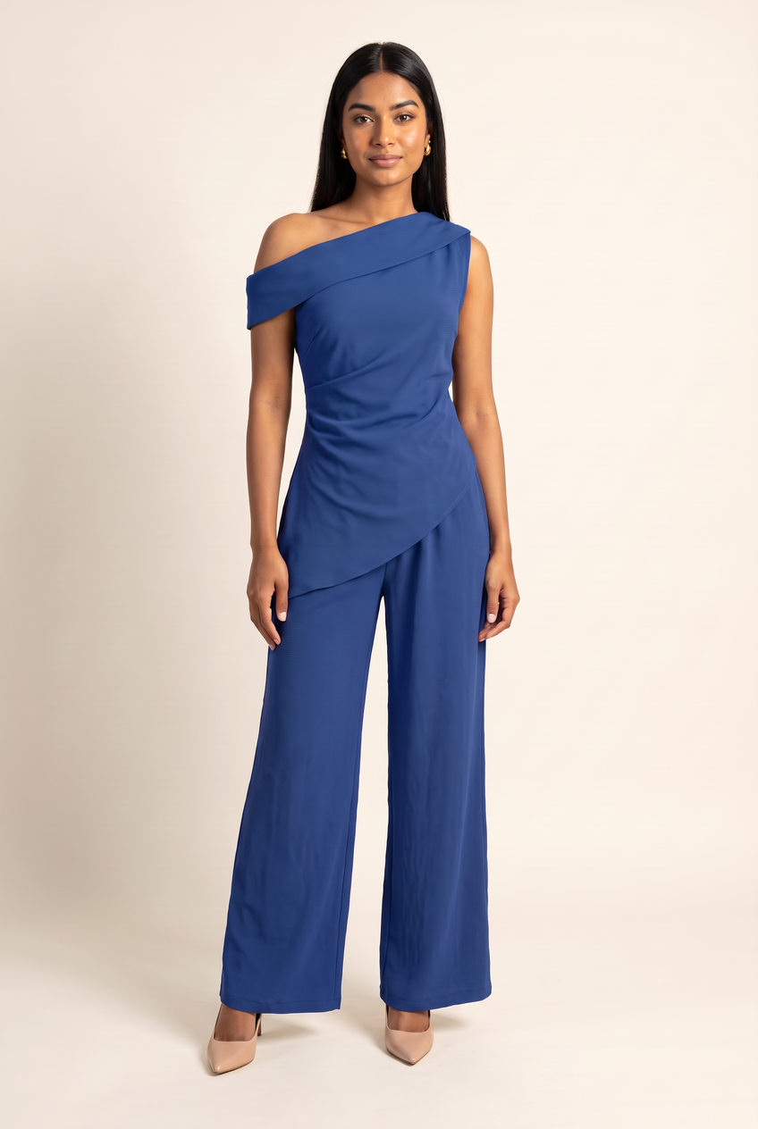 Kovelle asymmetric draped trouser set in cobalt, front view on model