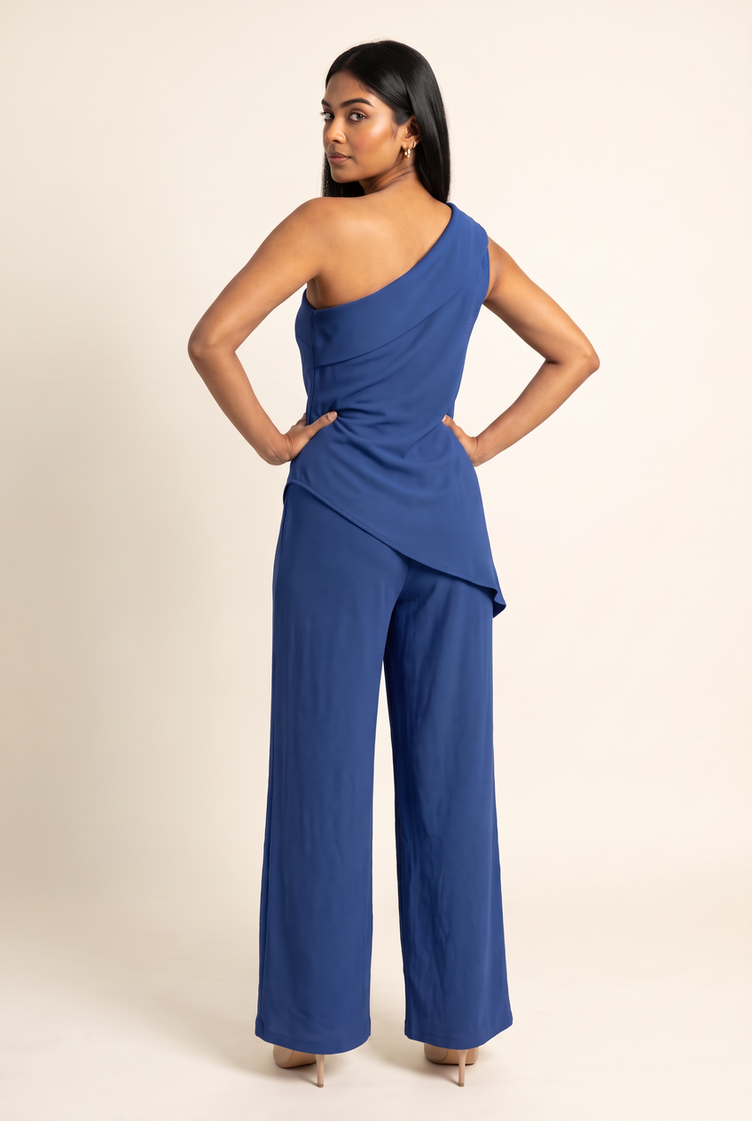 Kovelle asymmetric draped trouser set in cobalt, back view on model
