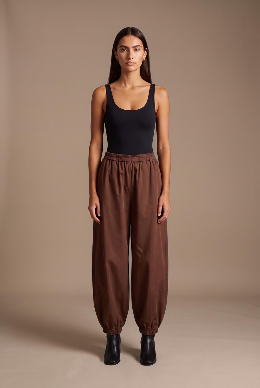 Kovelle balloon wide leg trousers in chocolate, front view on model