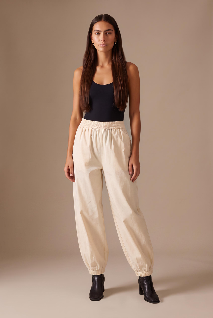 Kovelle balloon wide leg trousers in cream, front view on model
