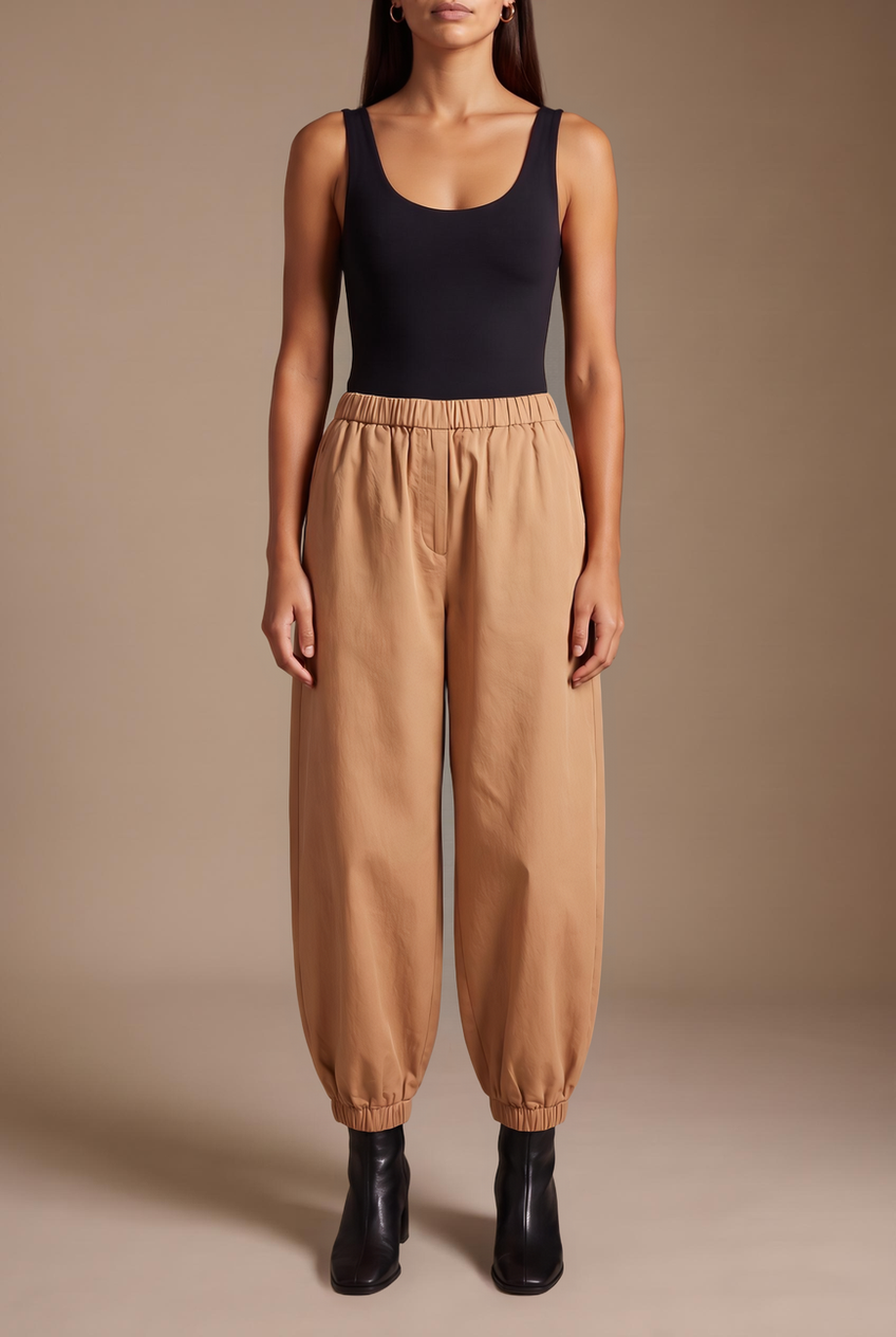 Kovelle balloon wide leg trousers in camel, close-up detail on model