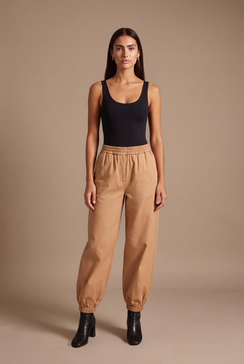 Kovelle balloon wide leg trousers in camel, front view on model