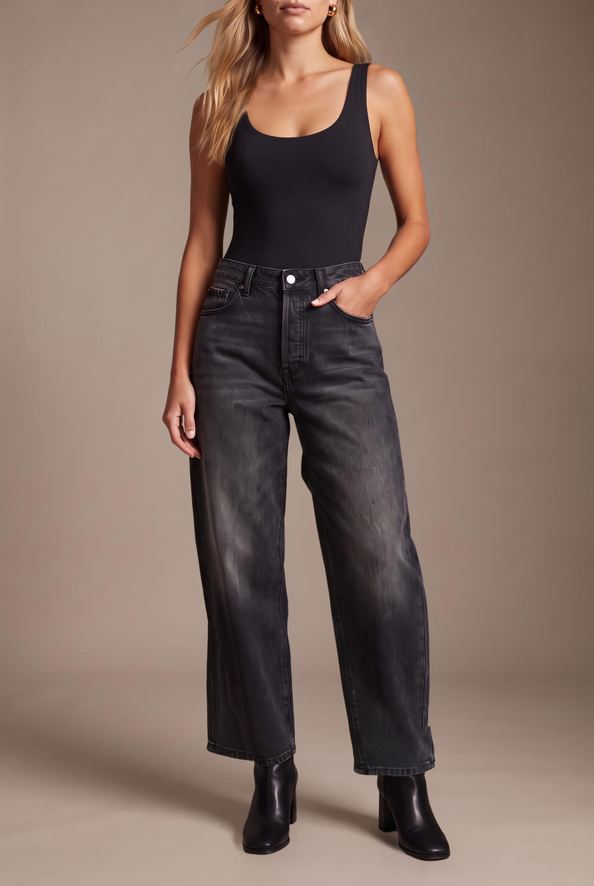 Kovelle barrel leg jeans in washed black, close-up detail on model