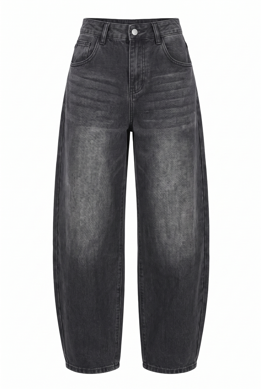 Kovelle barrel leg jeans in washed black, flat product view showing the full garment
