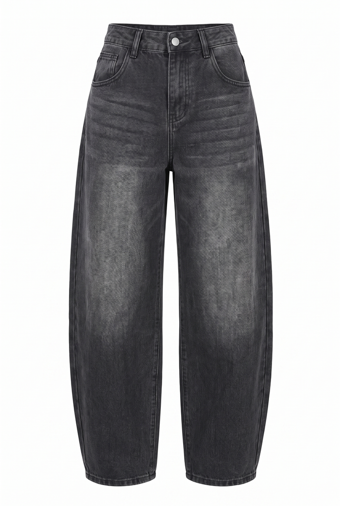 Kovelle barrel leg jeans in washed black, flat product view showing the full garment