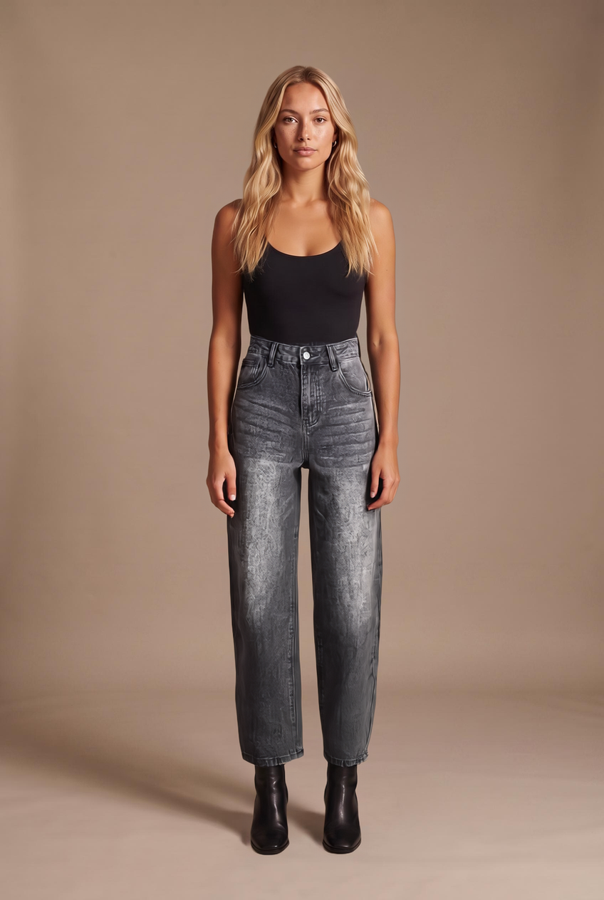 Kovelle barrel leg jeans in washed black, front view on model