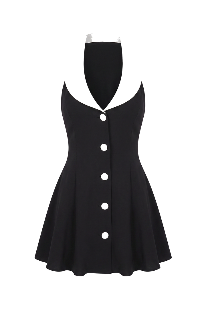 The Kovelle Black Collar Halter Mini Dress photographed on its own against a white background, showing the white lapel collar and button front