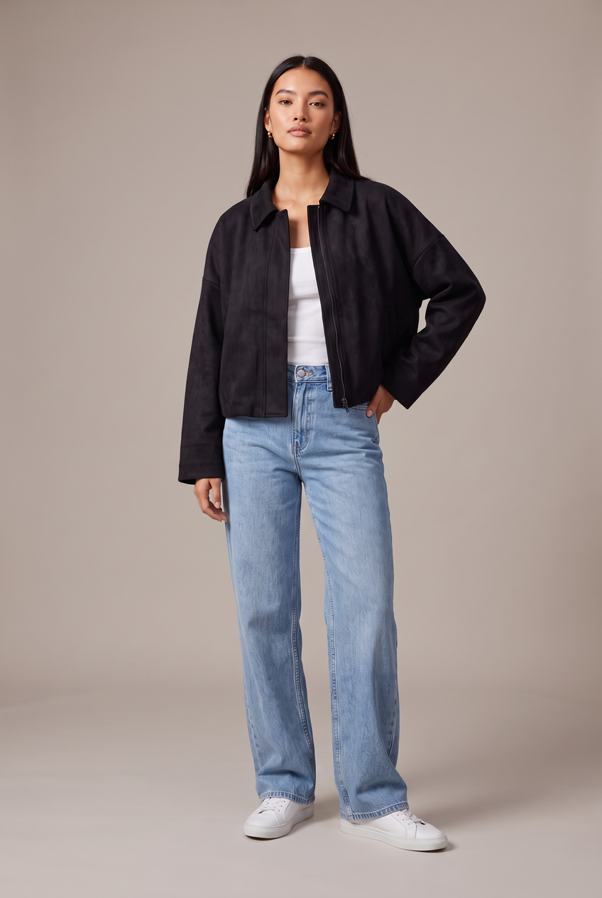 Kovelle boxy suede look jacket in black, front view on model