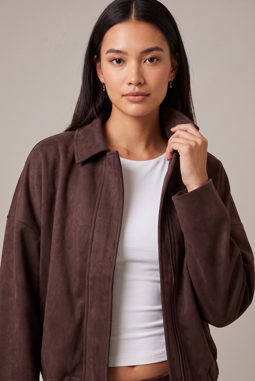 Kovelle boxy suede look jacket in chocolate, close-up detail on model