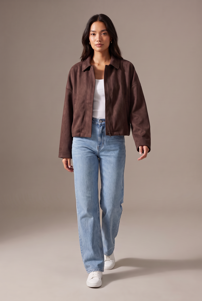 Kovelle boxy suede look jacket in chocolate, walking, full length on model