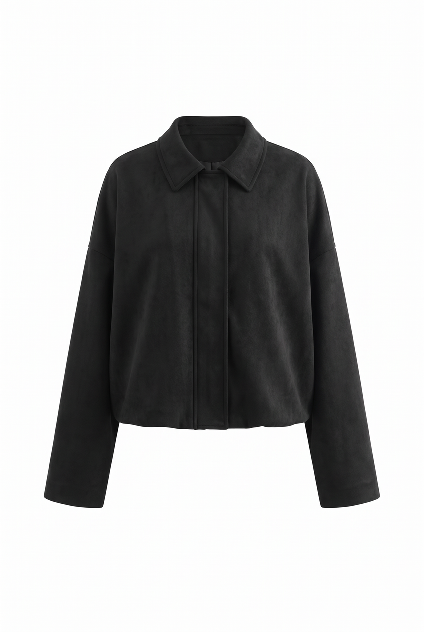 Kovelle boxy suede look jacket in black, flat product view