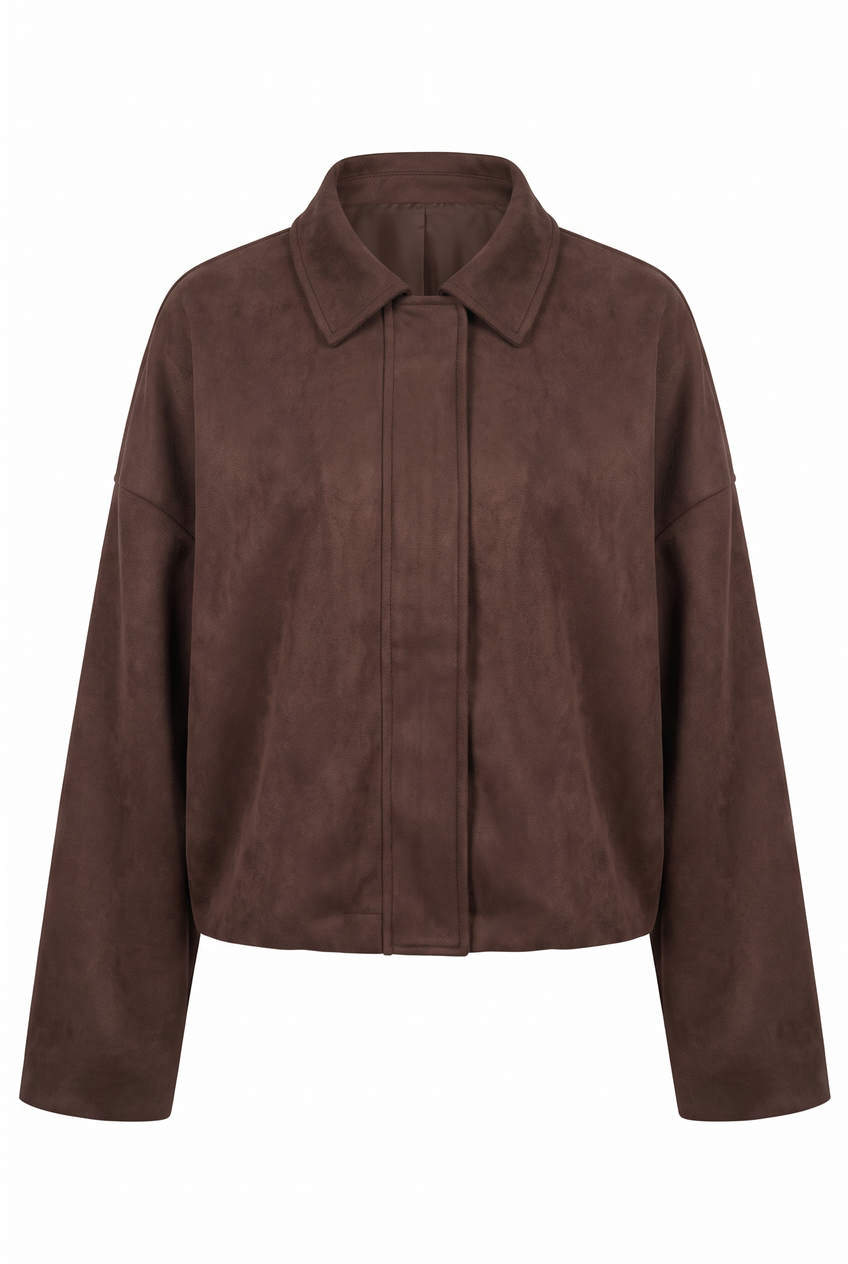 Kovelle boxy suede look jacket in chocolate, flat product view showing the full garment