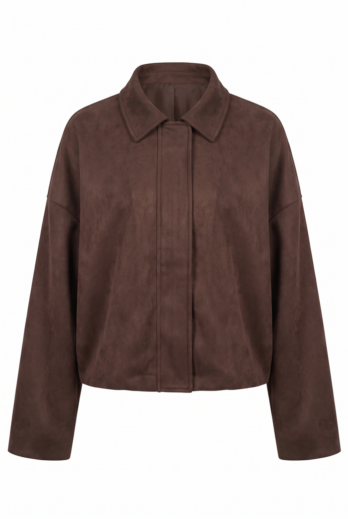 Kovelle boxy suede look jacket in chocolate, flat product view showing the full garment