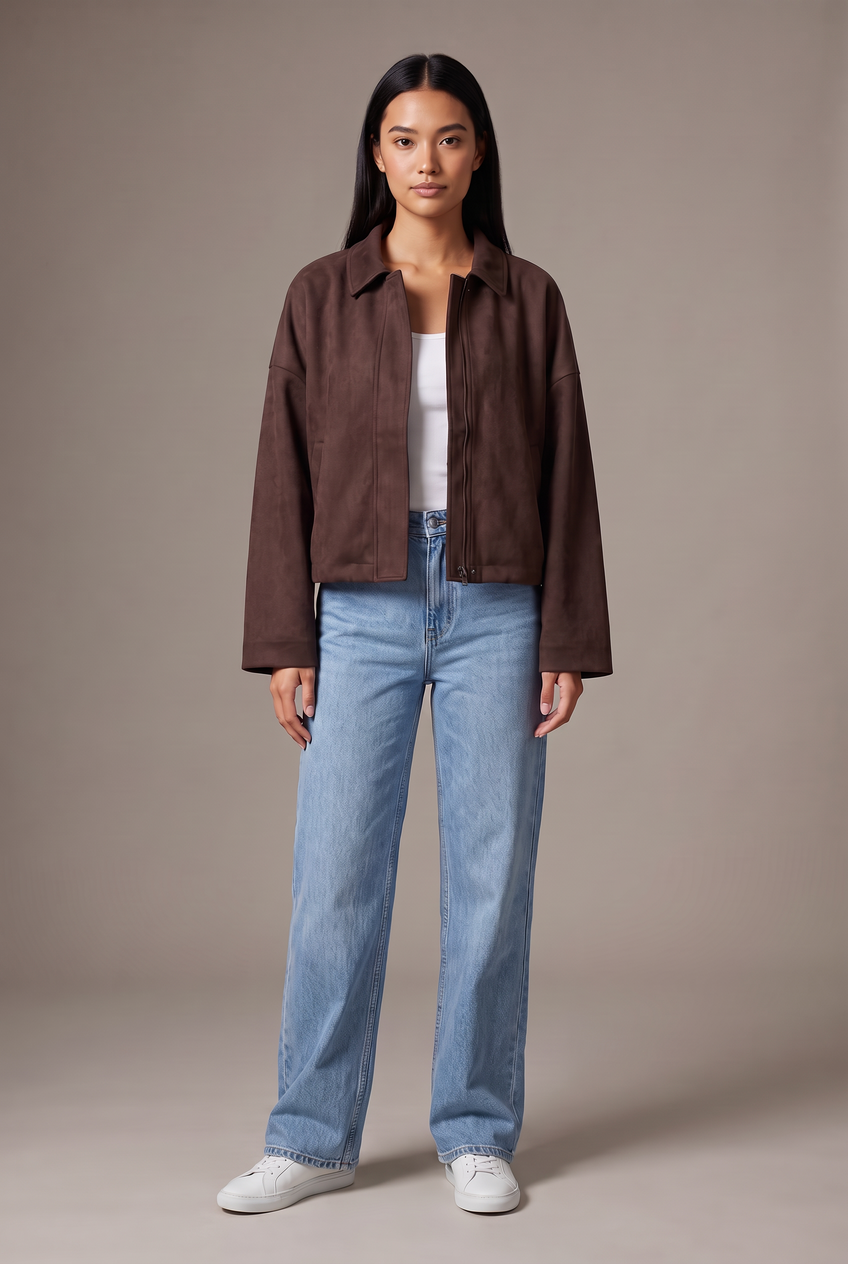 Kovelle boxy suede look jacket in chocolate, front view on model