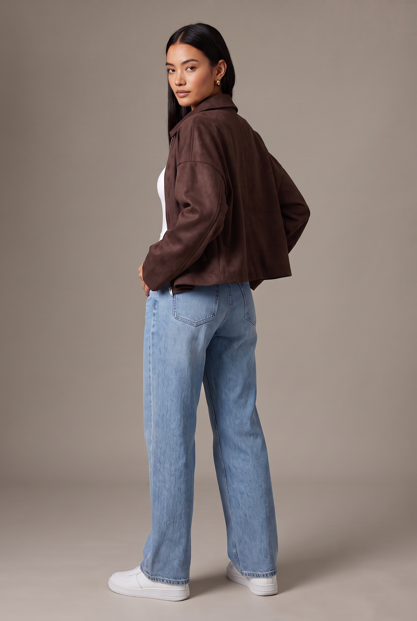 Kovelle boxy suede look jacket in chocolate, back view on model