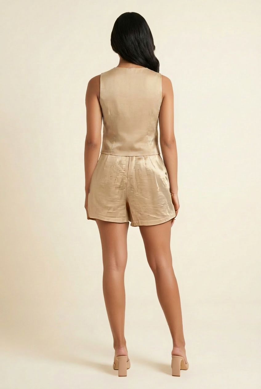 Kovelle button vest and shorts co-ord in caramel, back view on model