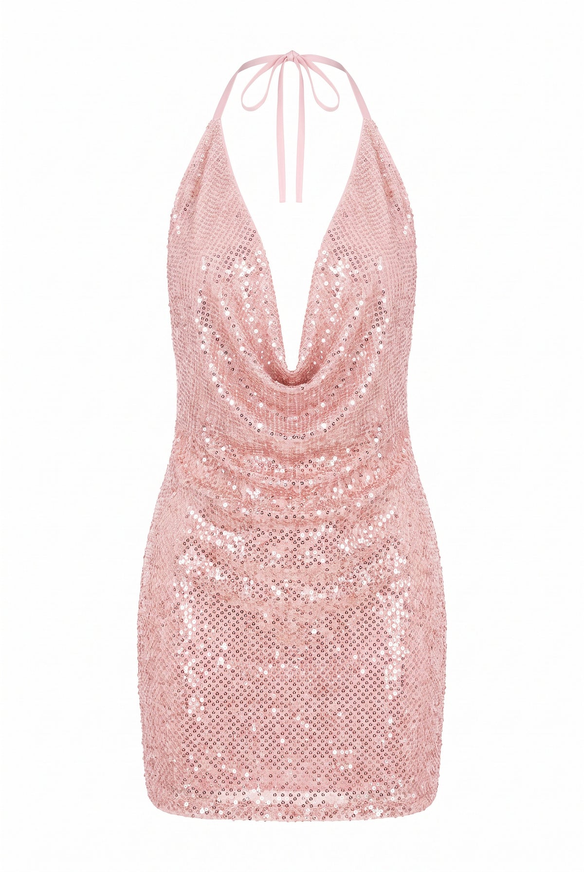 The Kovelle Champagne Plunge Sequin Mini Dress photographed on its own in baby pink