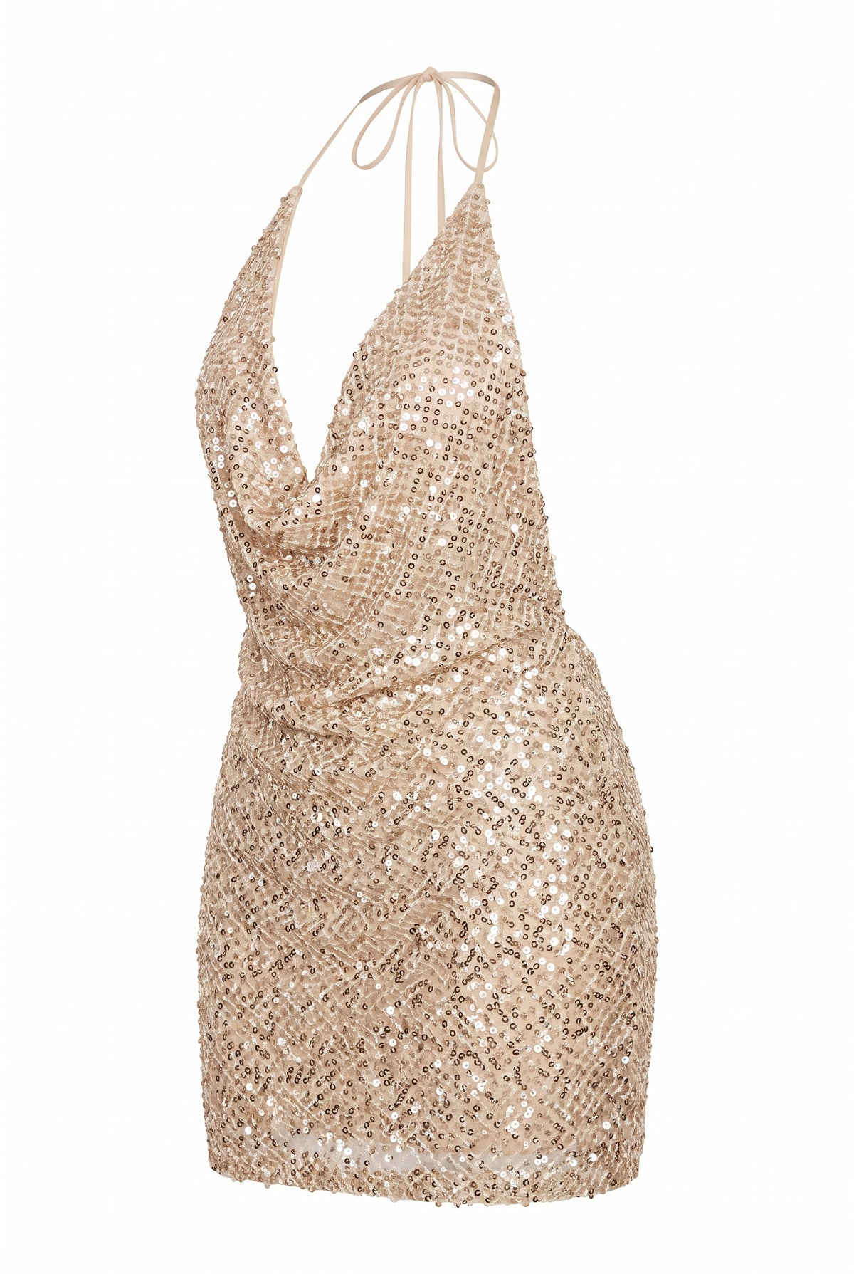 The Kovelle Champagne Plunge Sequin Mini Dress photographed on its own in champagne