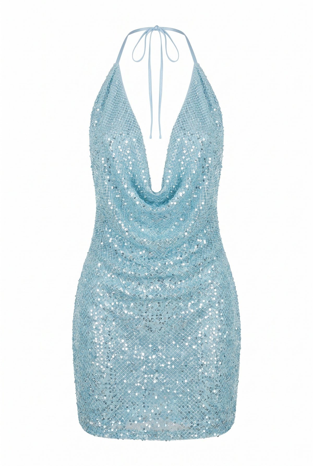 The Kovelle Champagne Plunge Sequin Mini Dress photographed on its own in sky blue