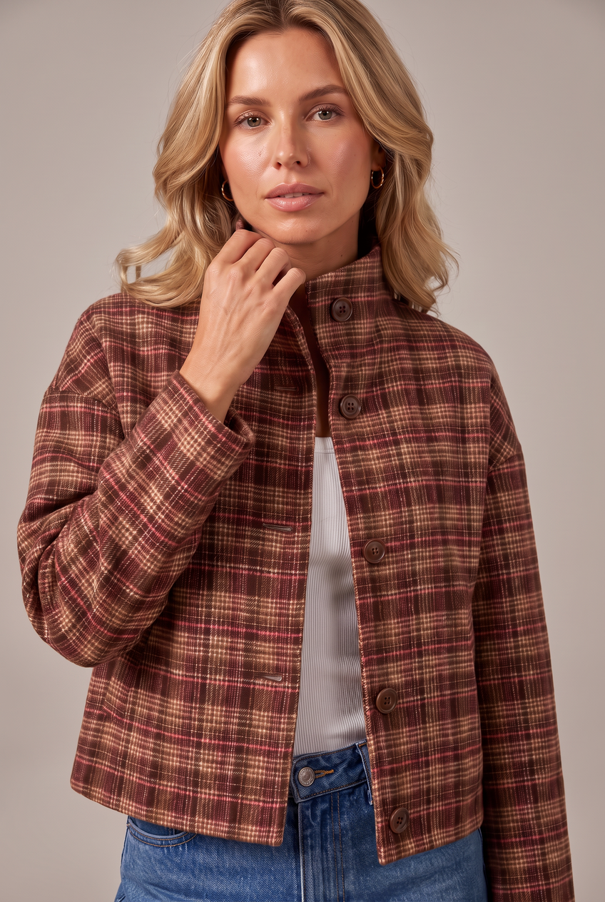 Kovelle checked stand collar jacket in brown check, close-up detail on model