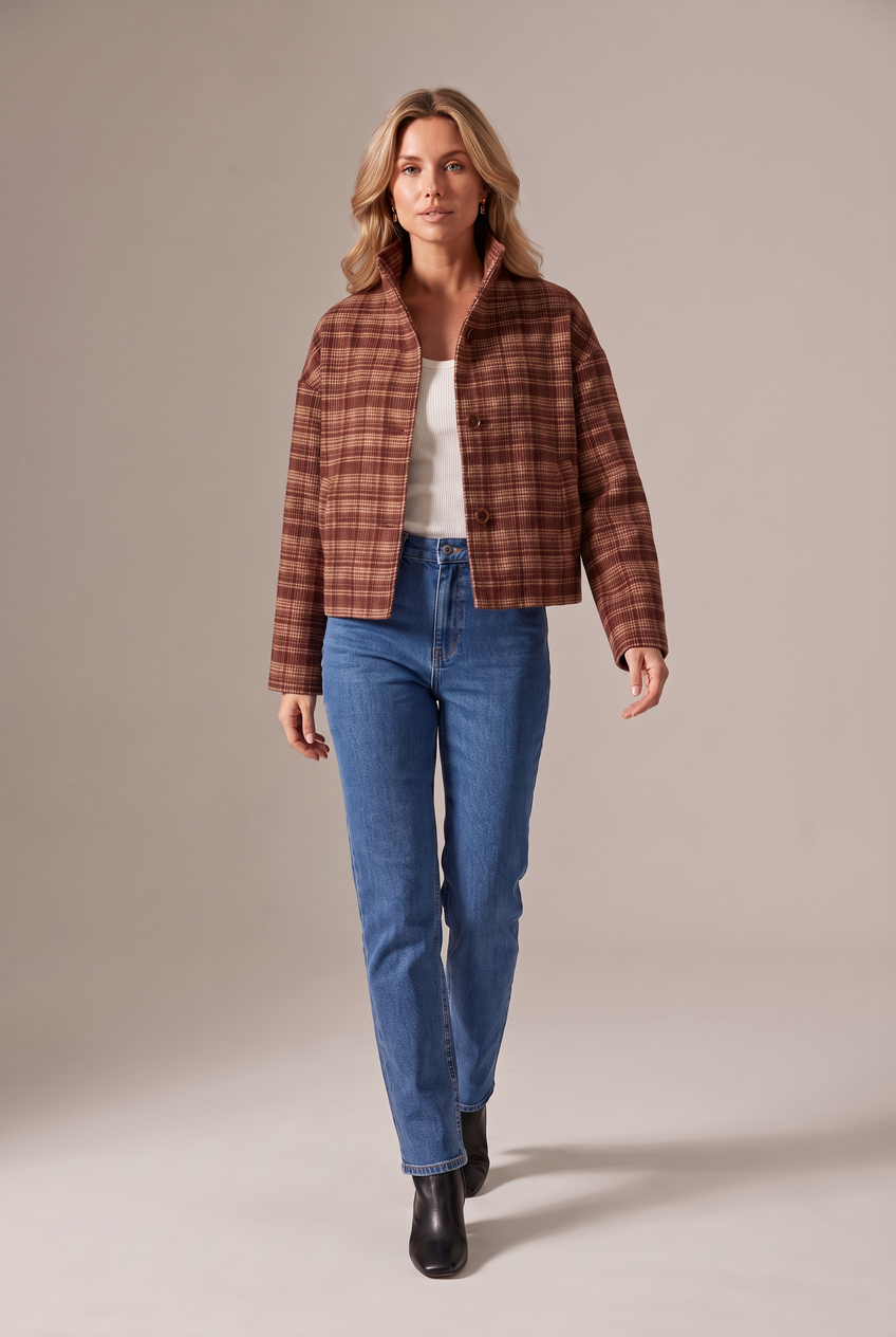 Kovelle checked stand collar jacket in brown check, walking, full length on model