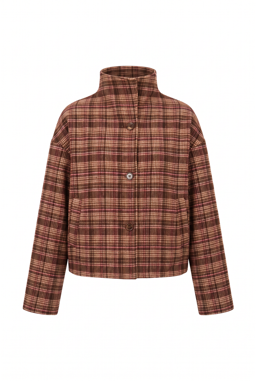 Kovelle checked stand collar jacket in brown check, flat product view showing the full garment