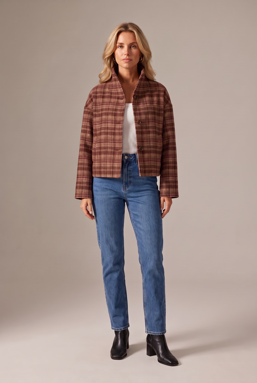 Kovelle checked stand collar jacket in brown check, front view on model